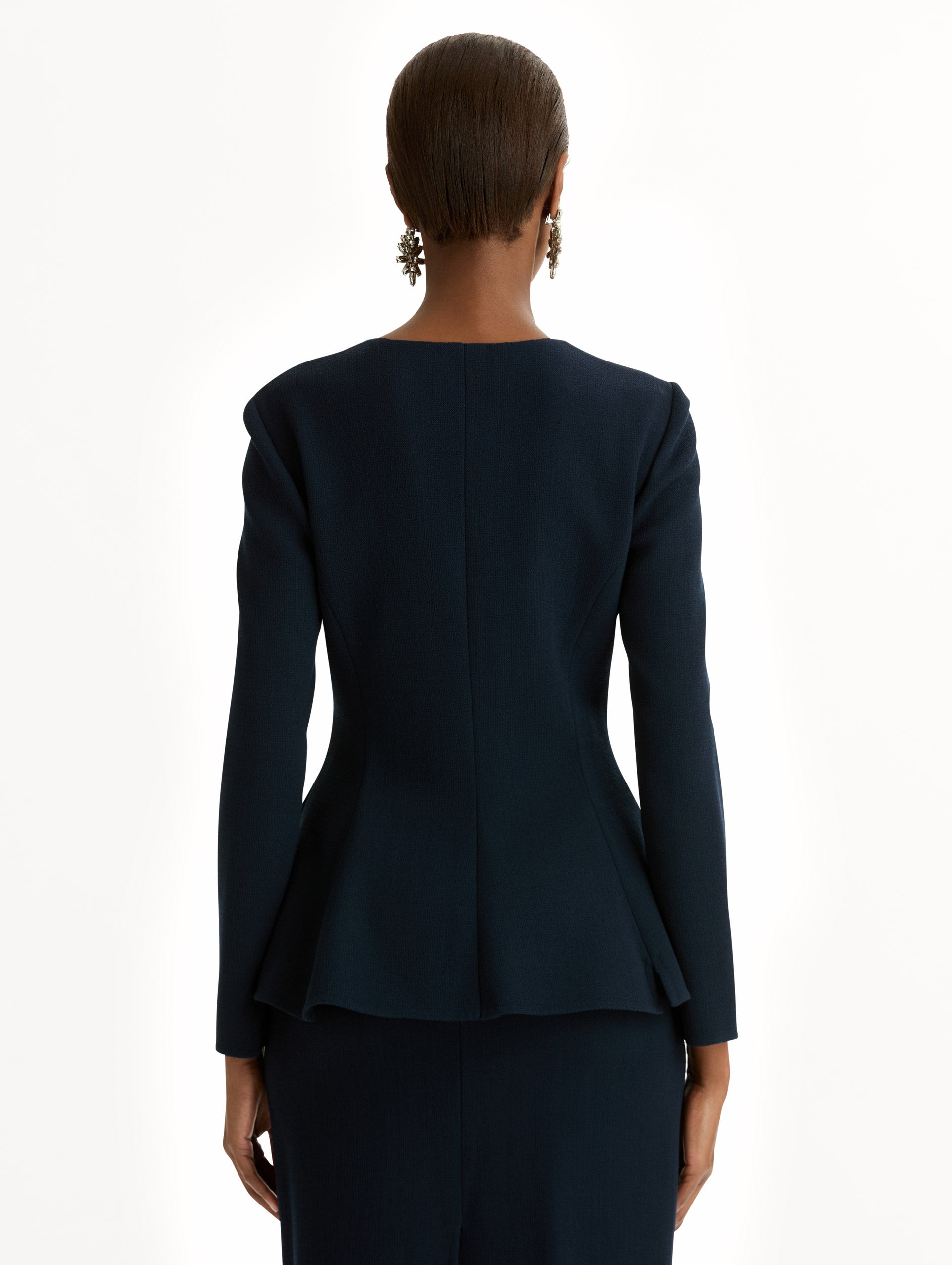 Peplum Wool-Blend Jacket in Navy. Back View.