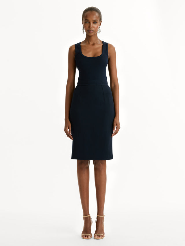 Wool-Blend Pencil Skirt in Navy. Front View.