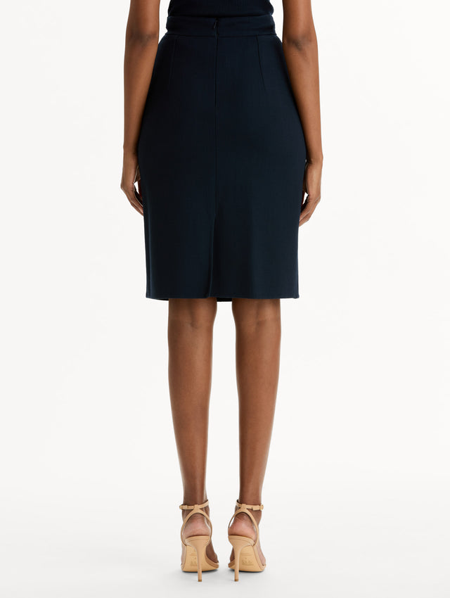 Wool-Blend Pencil Skirt in Navy. Back View.