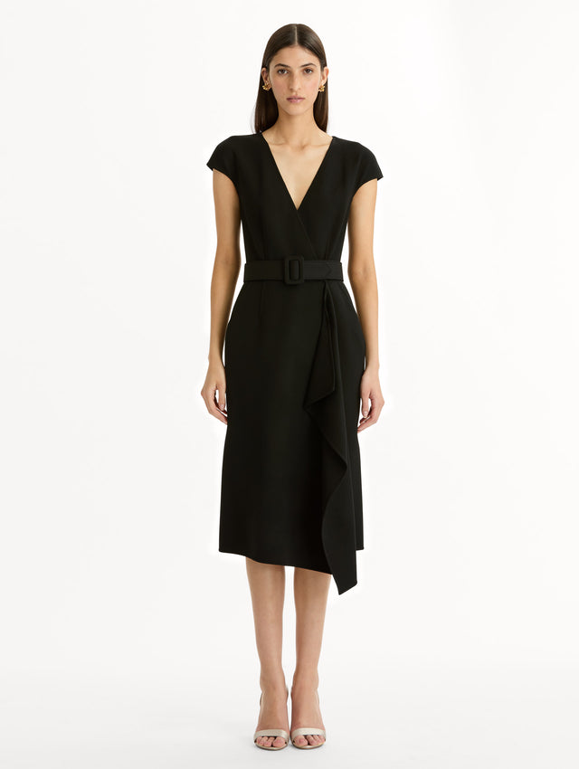 Wool-Blend Pencil Dress in Black. Front View.