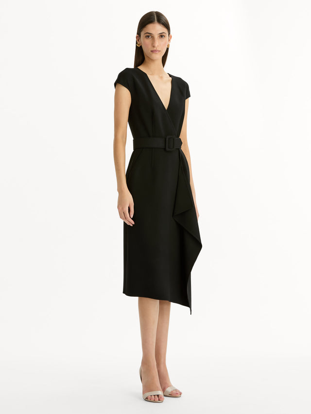 Wool-Blend Pencil Dress in Black. Side View.