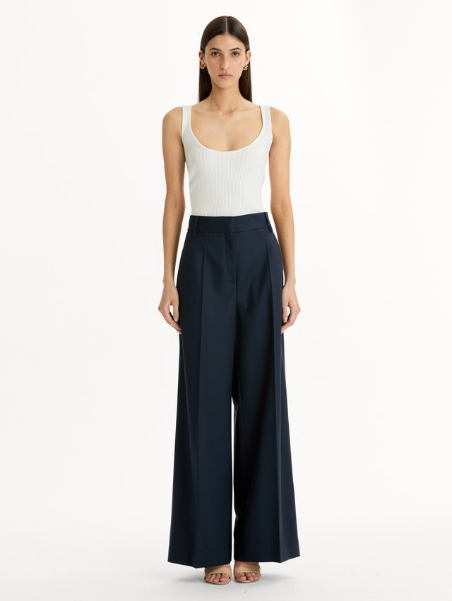 Wide-Leg Wool-Blend Pant in Navy. Front View. 