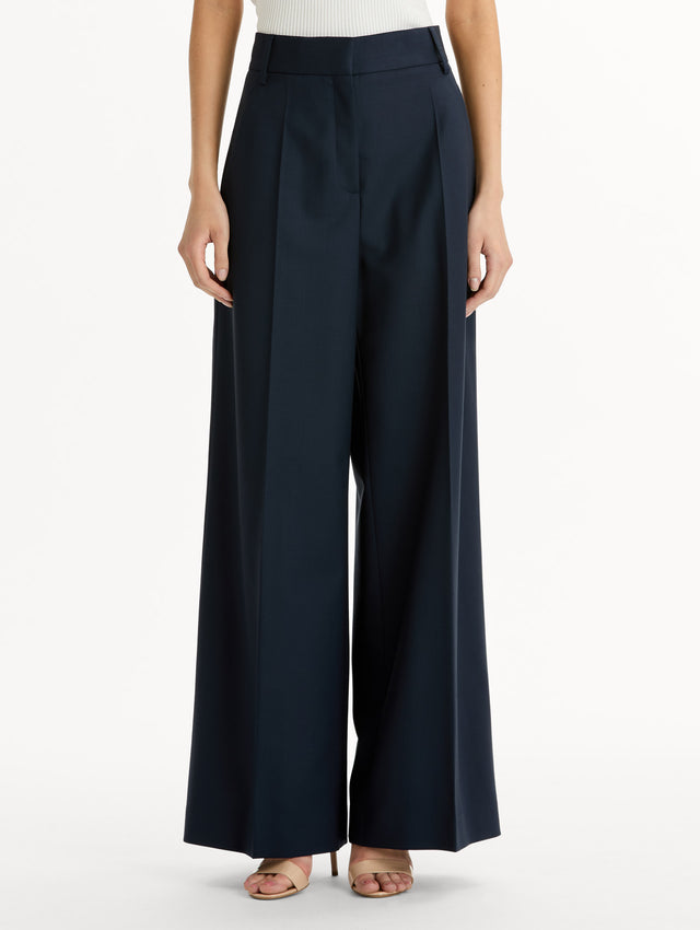 Wide-Leg Wool-Blend Pant in Navy. Front View. 
