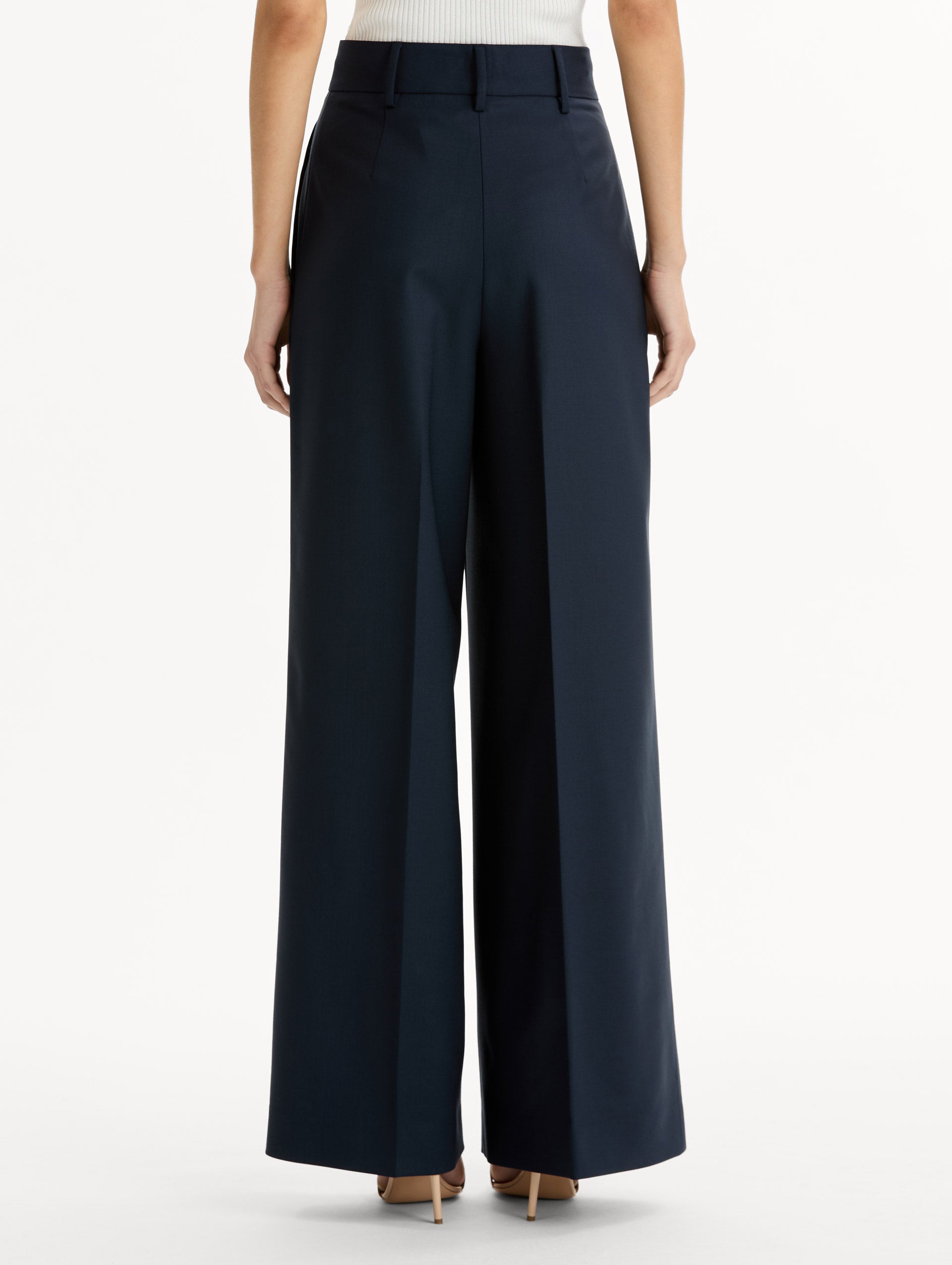Wide-Leg Wool-Blend Pant in Navy. Back View. 
