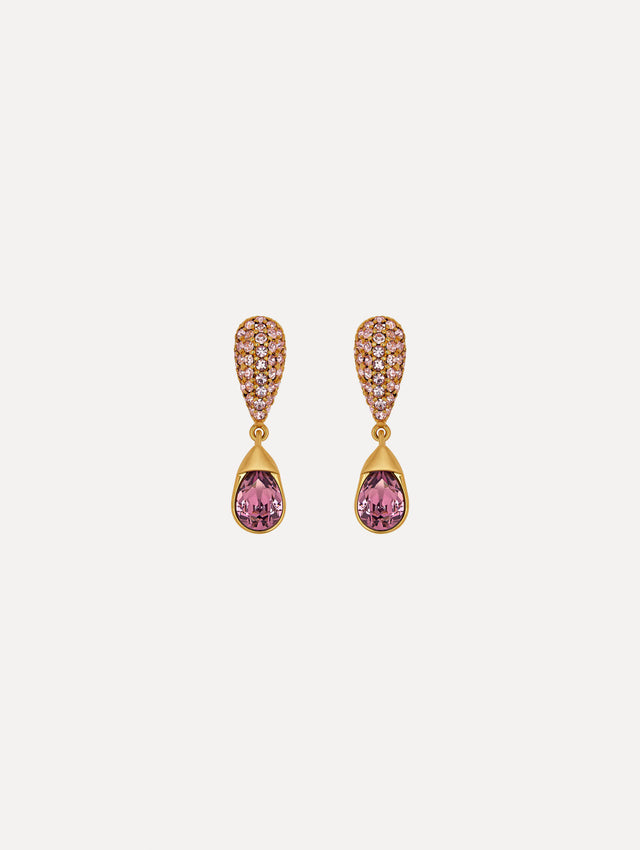 Pave crystal drop earrings with an iris color crystal at the bottom. Front view.