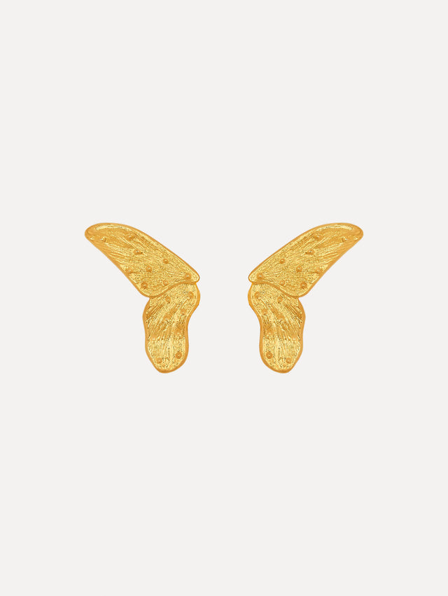 Gold butterfly wing earrings. Front view.