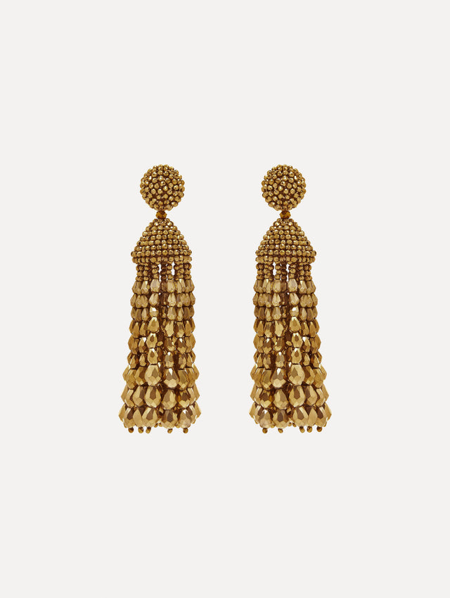 Gold chandelier beaded earrings. Front view