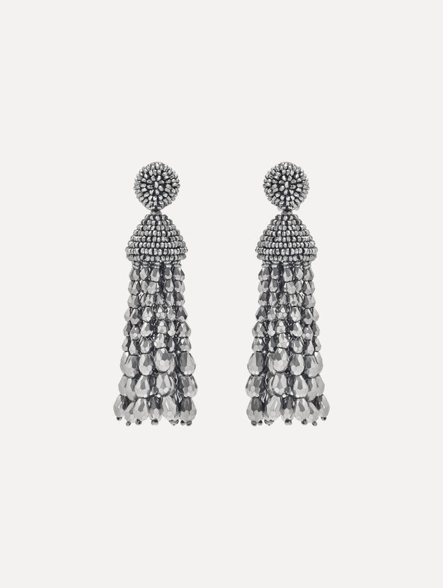Silver chandelier beaded earrings. Front view