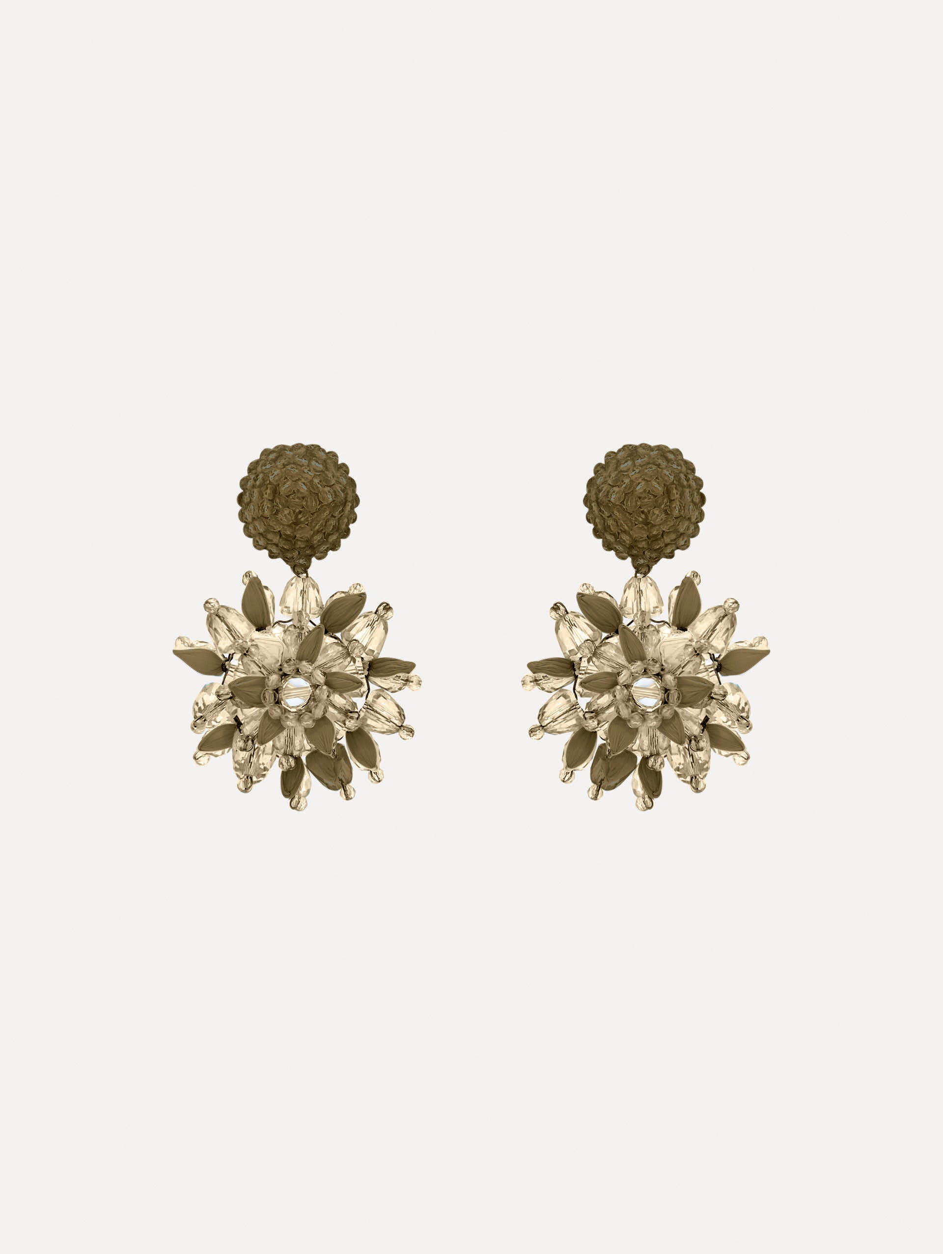 The Raffia & Beaded Flower Earrings in the color olive.