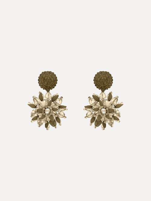 The Raffia & Beaded Flower Earrings in the color olive.
