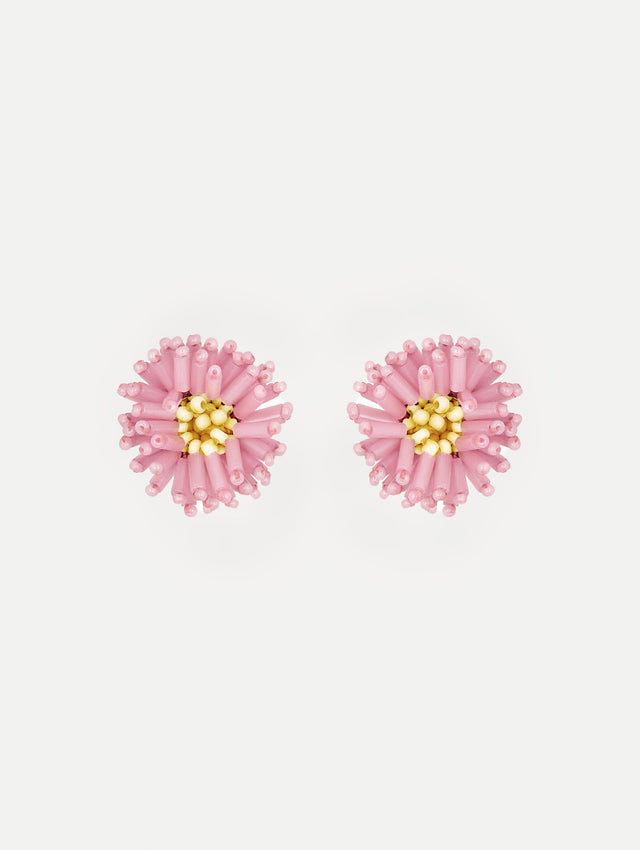 Pink Pompom Flower Earrings with Yellow Center. Front View.