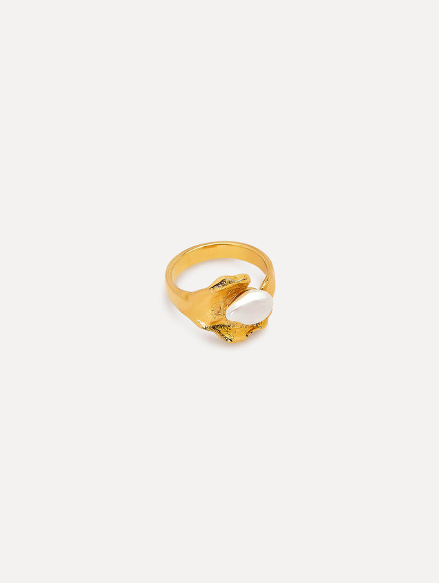 Pearl Lily Pad Gold Ring Side View