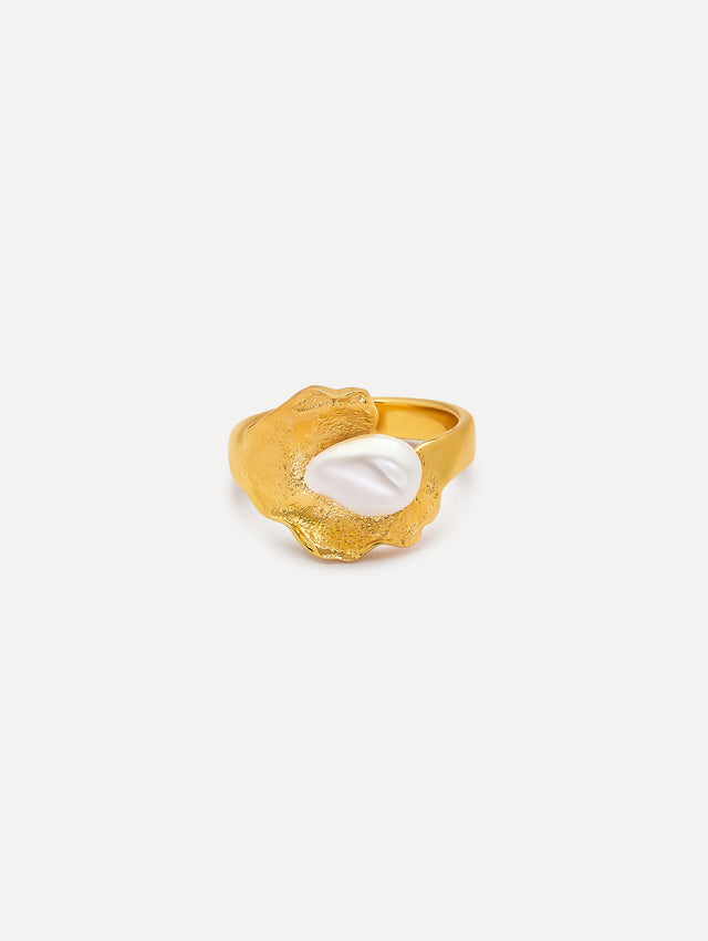 Pearl Lily Pad Gold Ring Front View