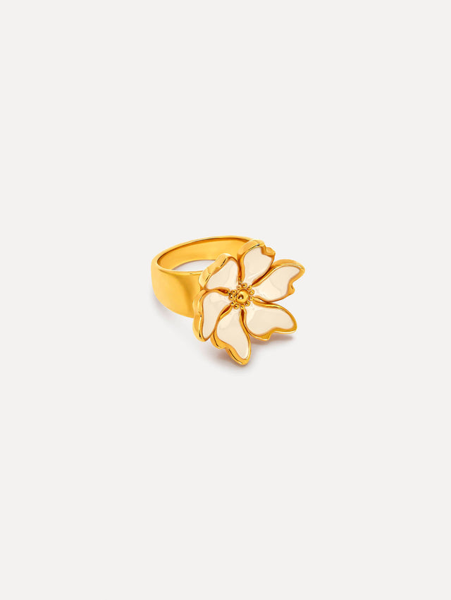 Ivory Enamel Cherry Blossom Gold Ring. Side View.