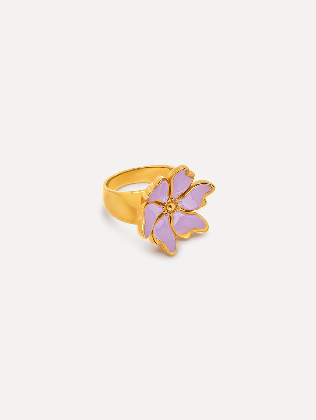Lavender Enamel Cherry Blossom Ring. Side View
