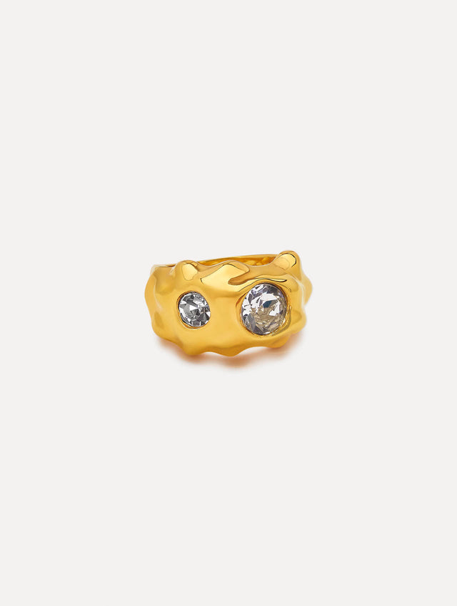 Gold Textured Metal Crystal Ring. Front View.