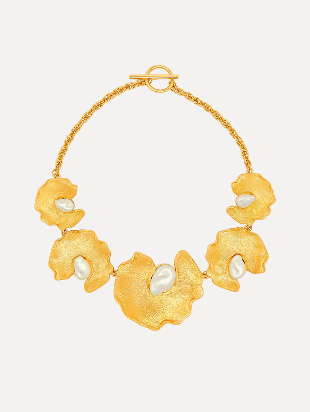 Pearl Lily Pad Gold Necklace. Front View