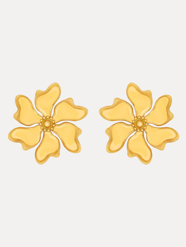 Yellow Enamel Cherry Blossom Clip-On Earrings. Front View