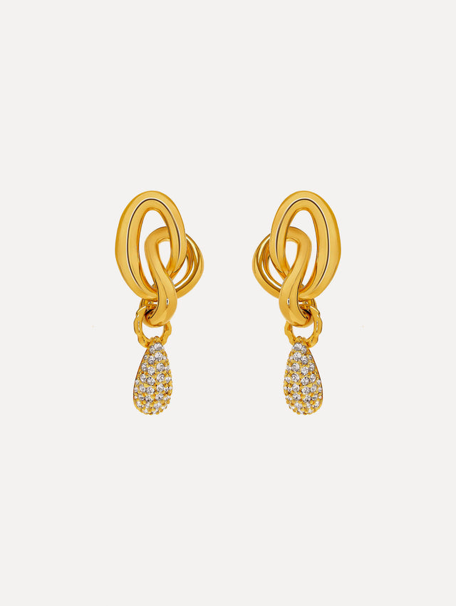 Gold O Knot Earrings with Pavé Drop. Front View.