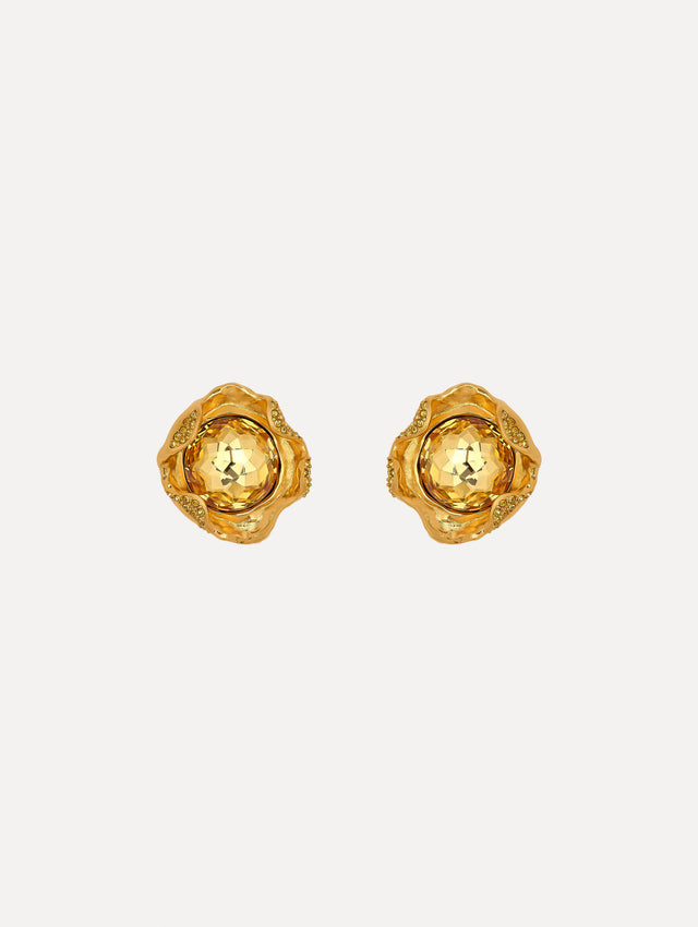 Gold Crystal Nest Earrings with Topaz Stone. Front view