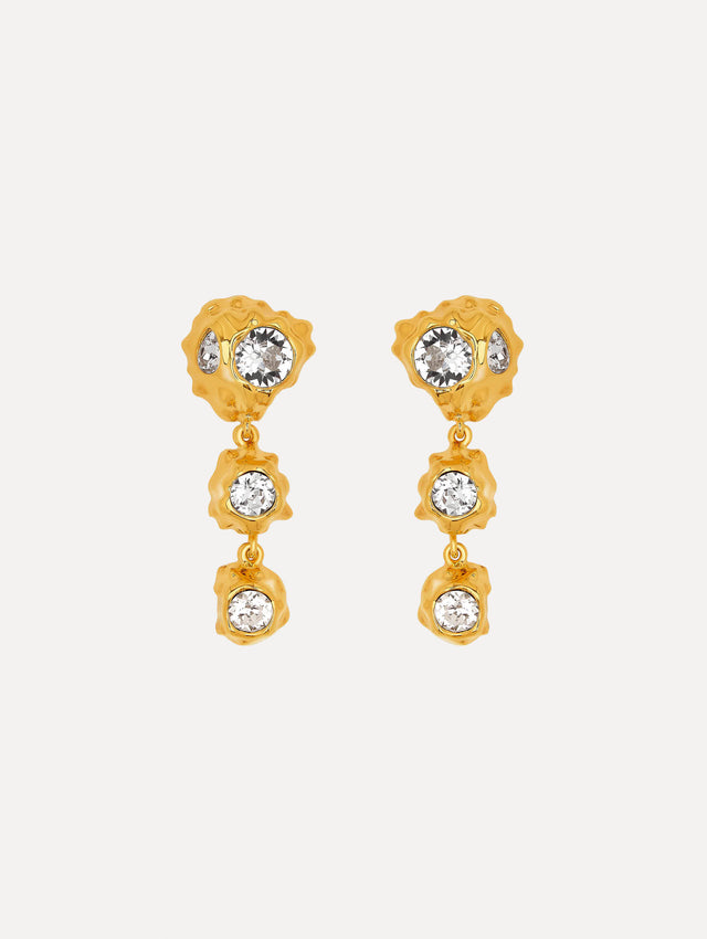 Gold Textured Metal Triple Drop Earrings with crystals. Front view