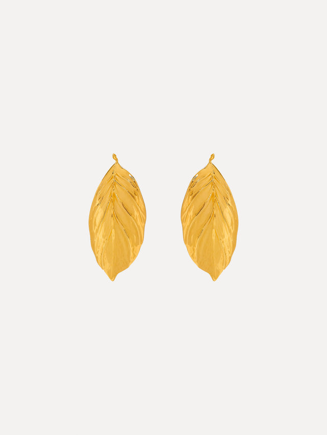 Small gold leave earrings. Front view