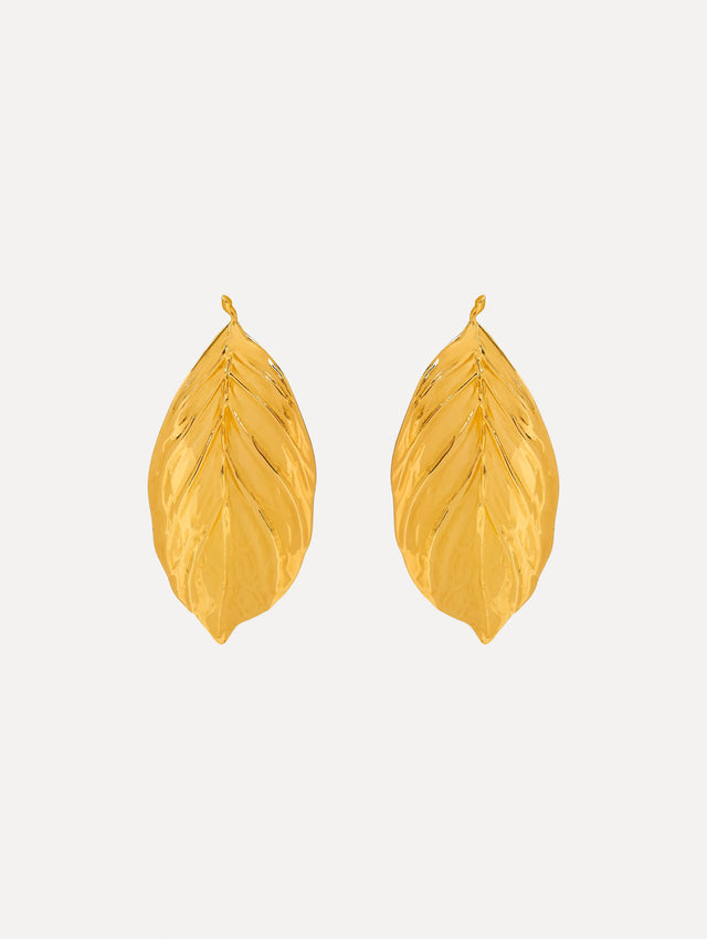 Gold leaf earrings. front view