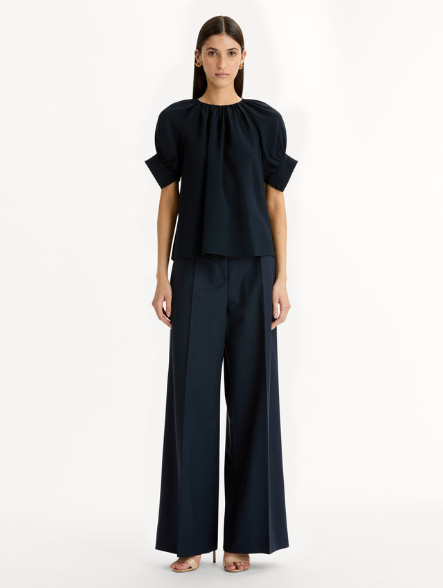 Gathered Silk Georgette Blouse in Navy. Front View.