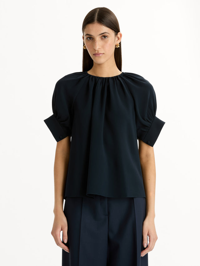 Gathered Silk Georgette Blouse in Navy. Front View.