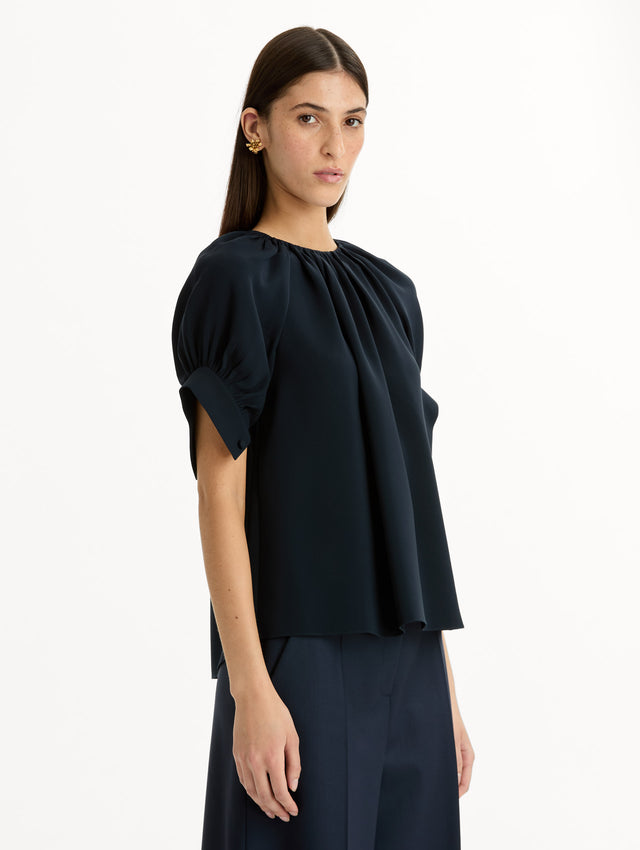Gathered Silk Georgette Blouse in Navy. Side View.