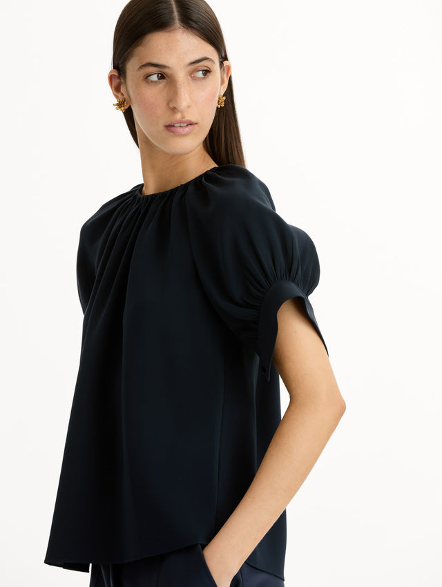 Gathered Silk Georgette Blouse in Navy. Zoom View.