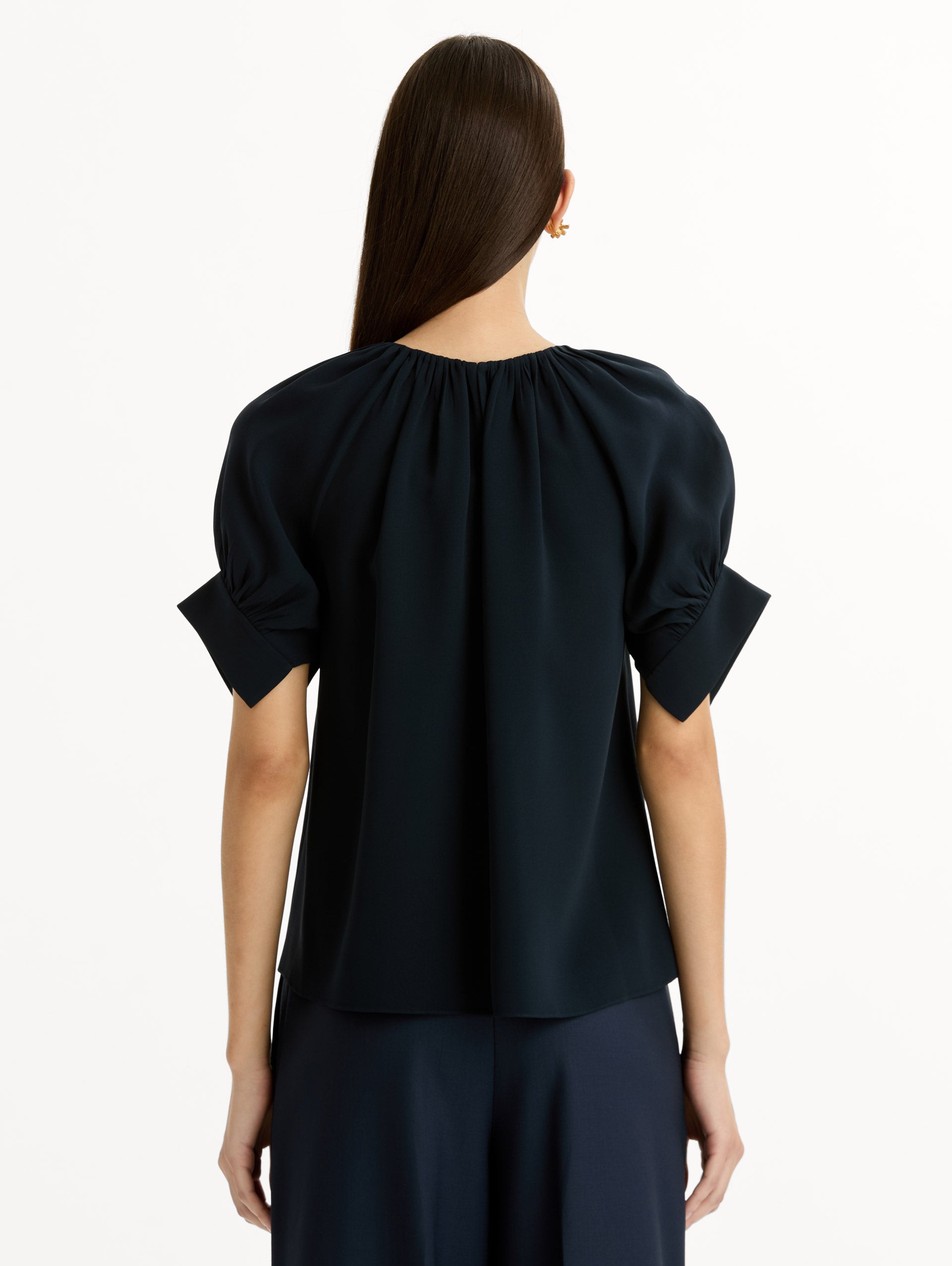 Gathered Silk Georgette Blouse in Navy. Back View.