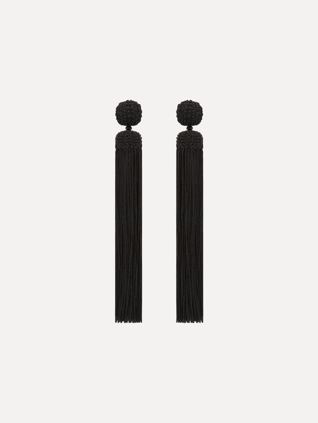 The Silk Rope Tassel Clip-On Earrings in Black. Front View.