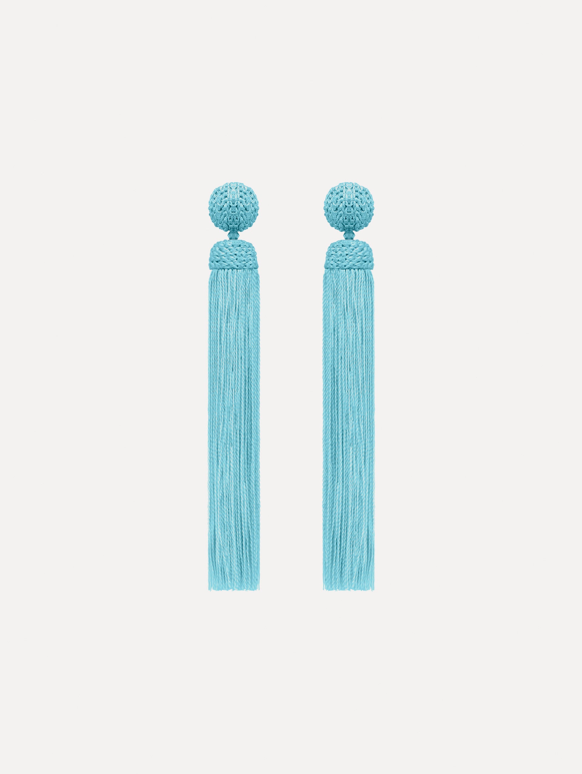 The Silk Rope Tassel Clip-On Earrings in Saltwater Blue. Front View.