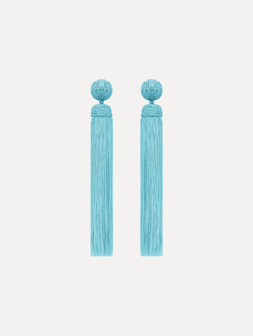 The Silk Rope Tassel Clip-On Earrings in Saltwater Blue. Front View.