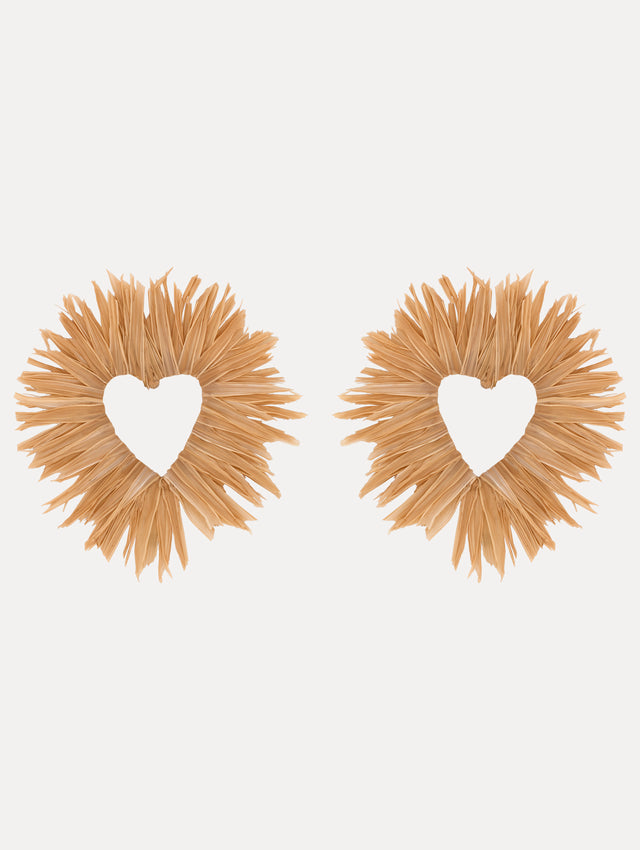 Raffia Heart Cut Out Earrings. Front View.