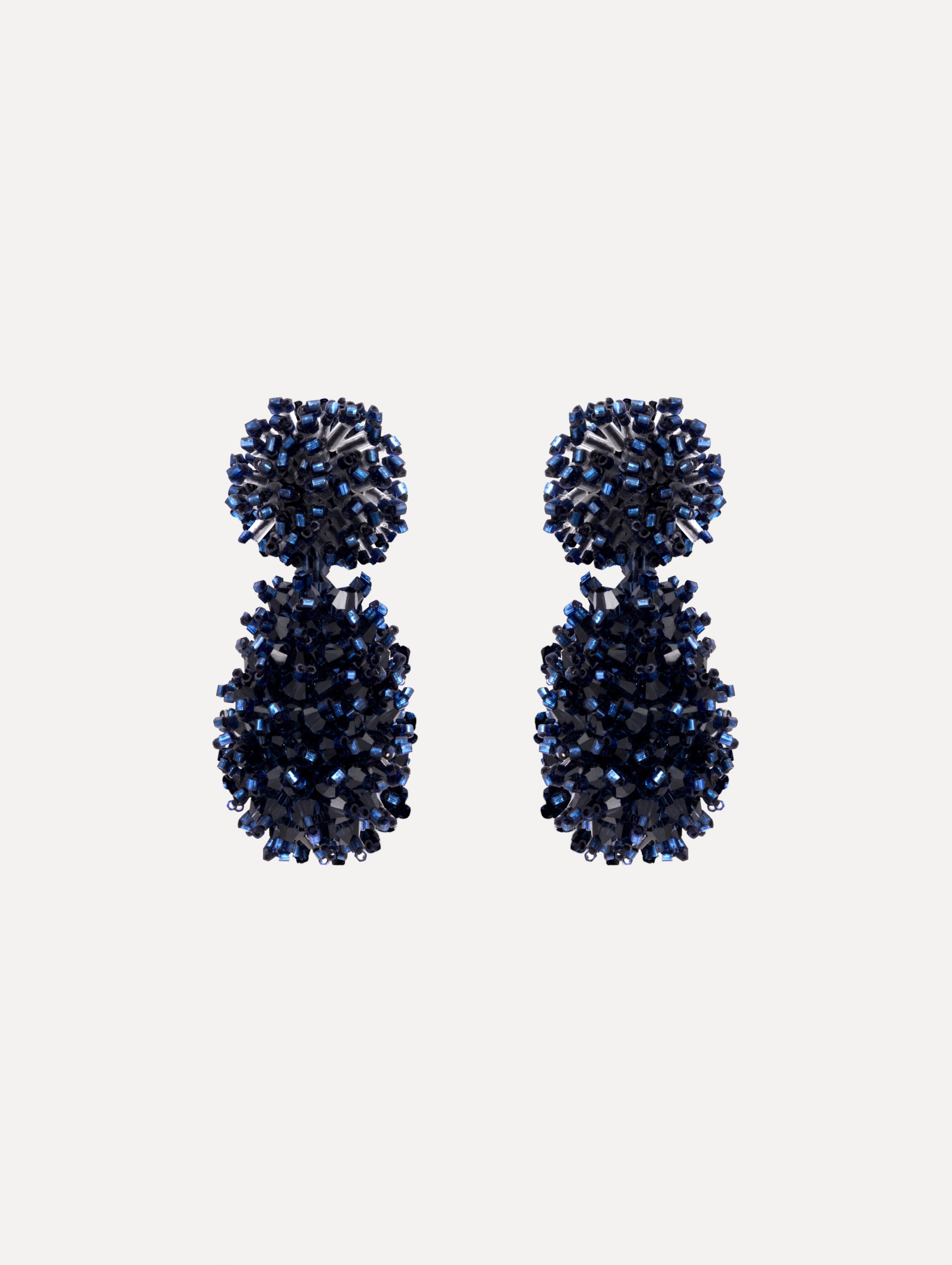 The Beaded Cluster Drop Earrings in Navy. Front View.