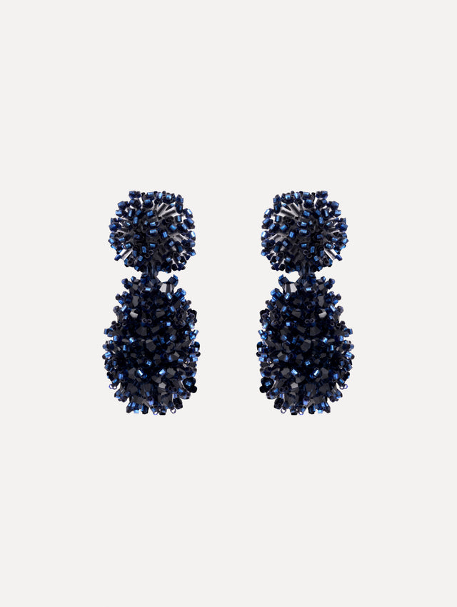 The Beaded Cluster Drop Earrings in Navy. Front View.