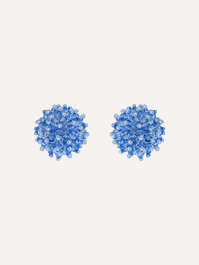 The Beaded Cluster Earrings in Sapphire Blue. Front View.