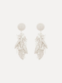 The Raffia Tassel Bouquet Clip-On Earrings in White. Front View.