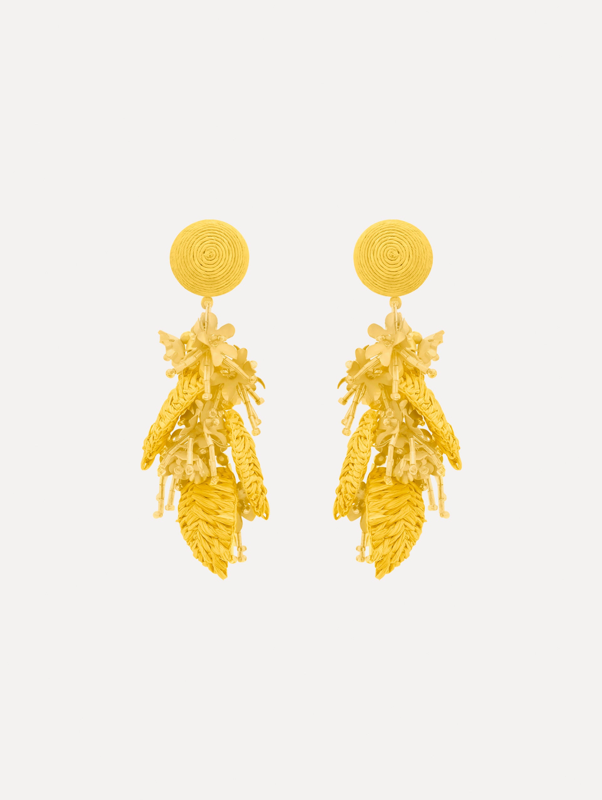The Raffia Tassel Bouquet Clip-On Earrings in Yellow. Front View.