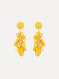 The Raffia Tassel Bouquet Clip-On Earrings in Yellow. Front View.