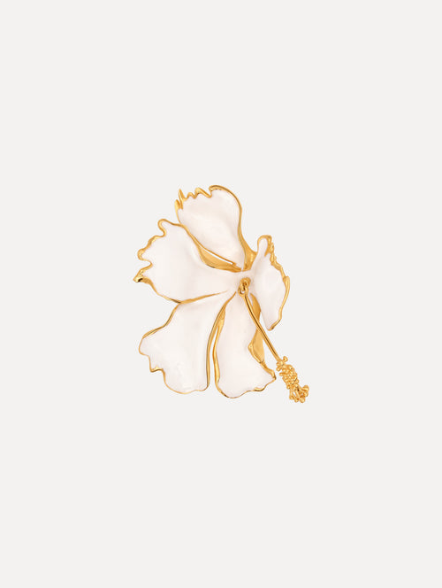 The Enamel Folded Hibiscus Brooch in White. Front View.