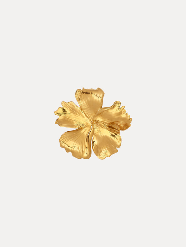 Gold Hibiscus Flower Brooch. Front View.