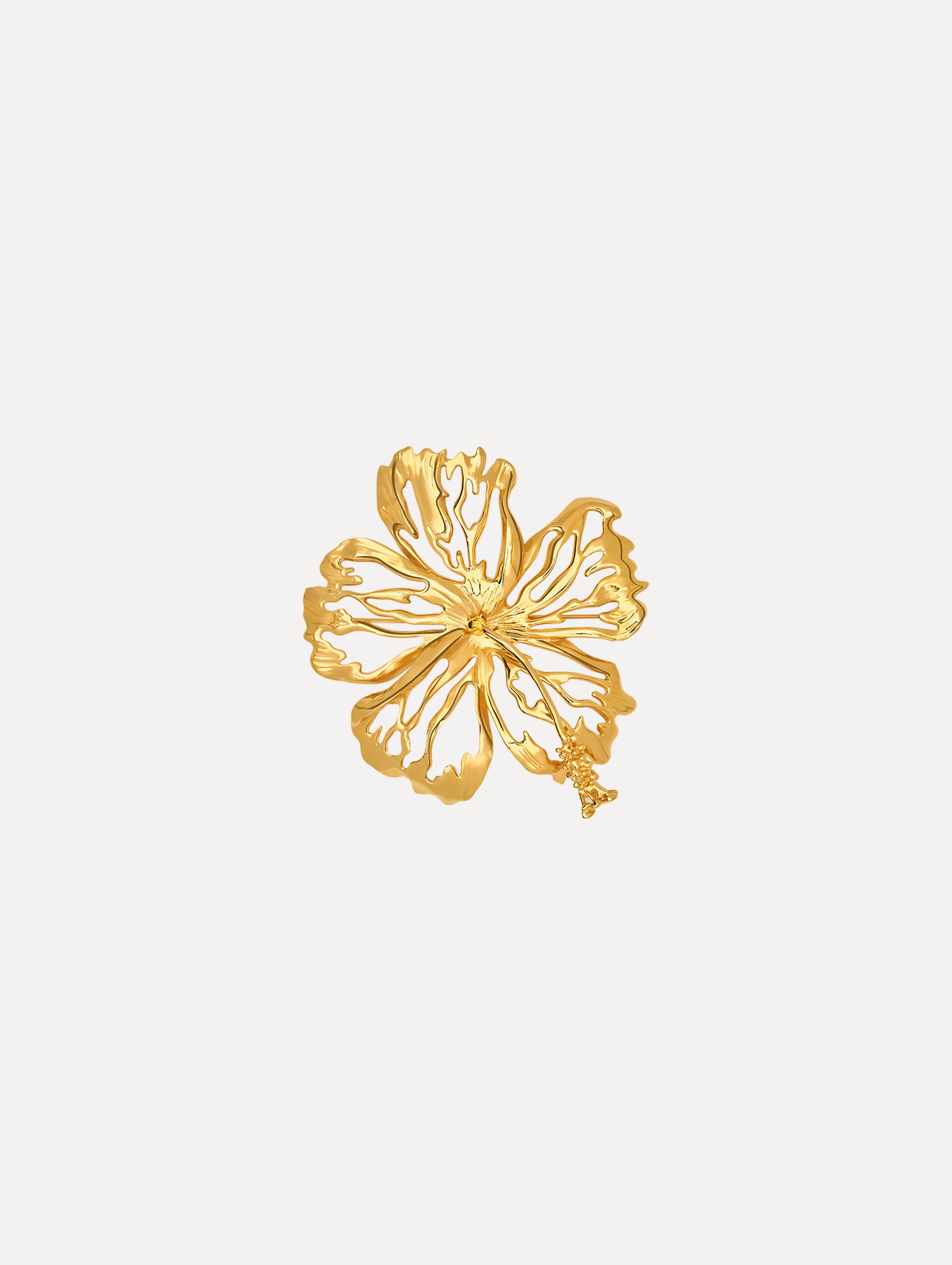 The Openwork Hibiscus Brooch in Gold. Front View.