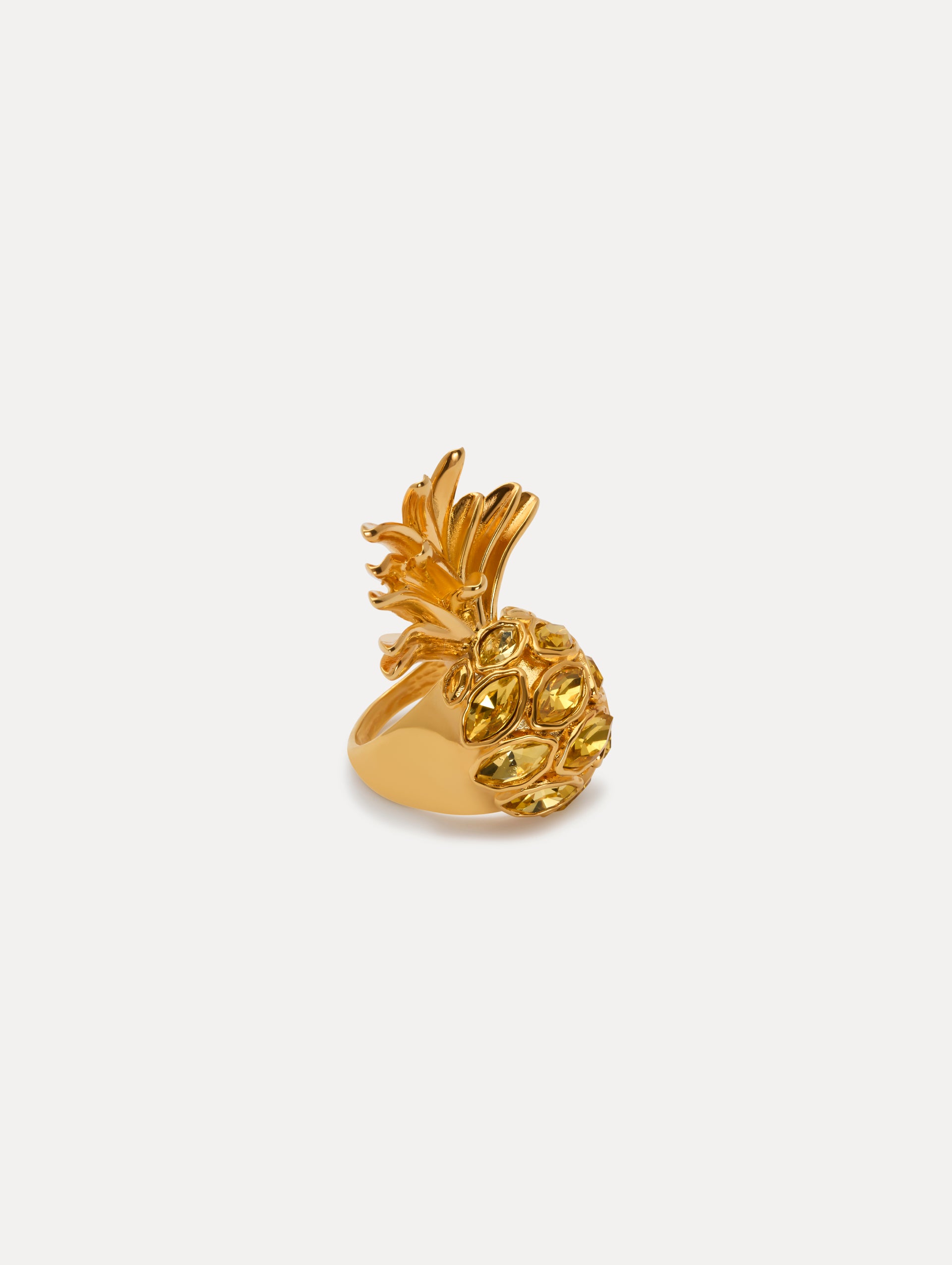 Gold and Yellow Crystal Pineapple ring, thick gold band. Side View.