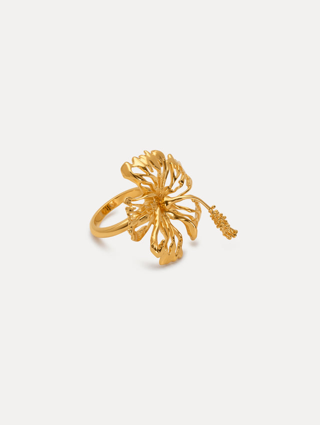 Gold Ring with Hibiscus Flower Cut Out. Front View.