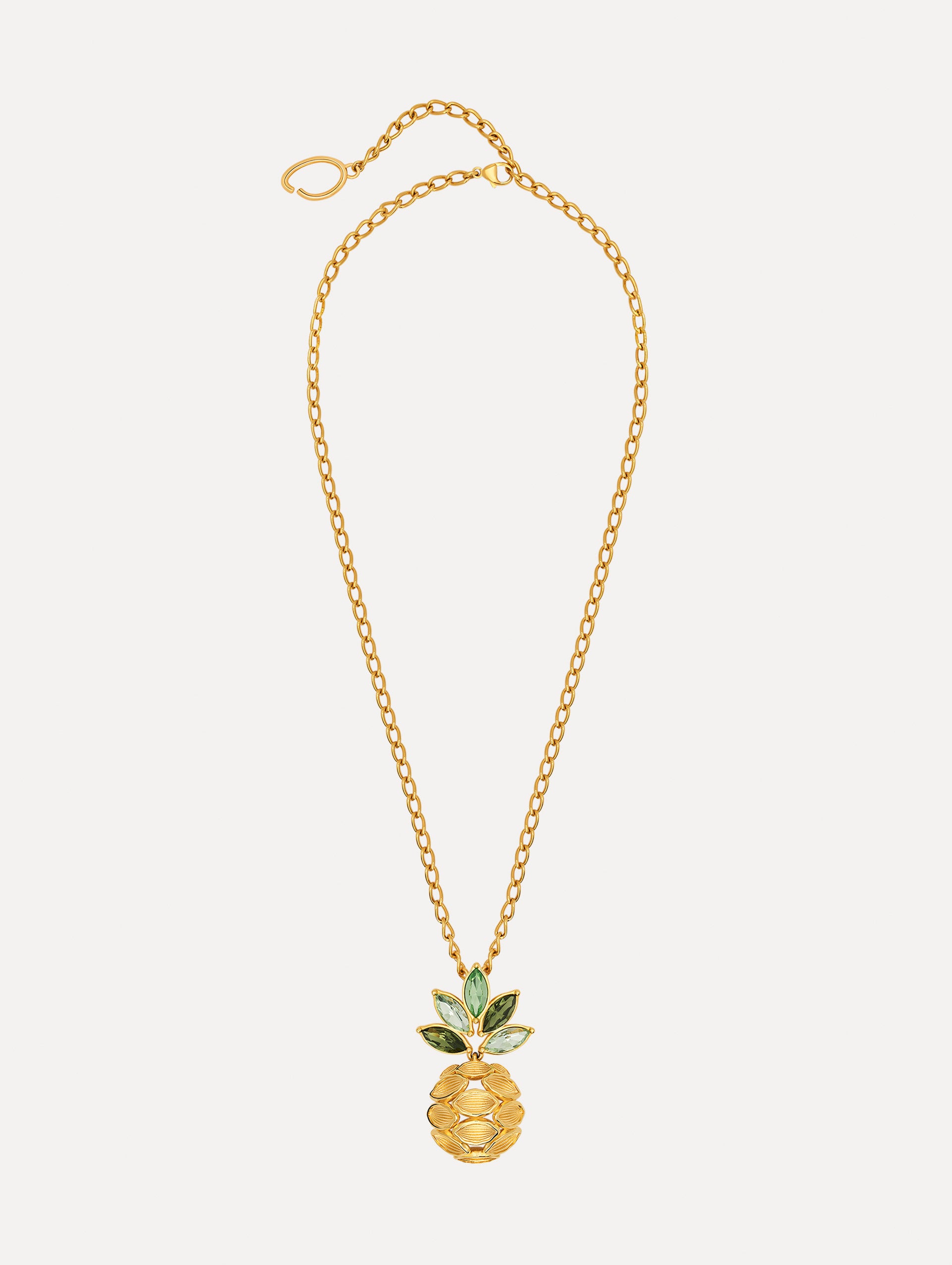 The Pineapple Crystal Leaf Pendant Necklace in Gold. Front View.
