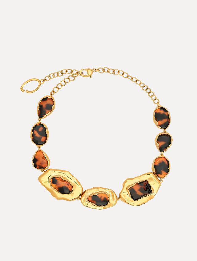 The Tortoise Stone Collar Necklace in Gold and Tortoise. Front View.