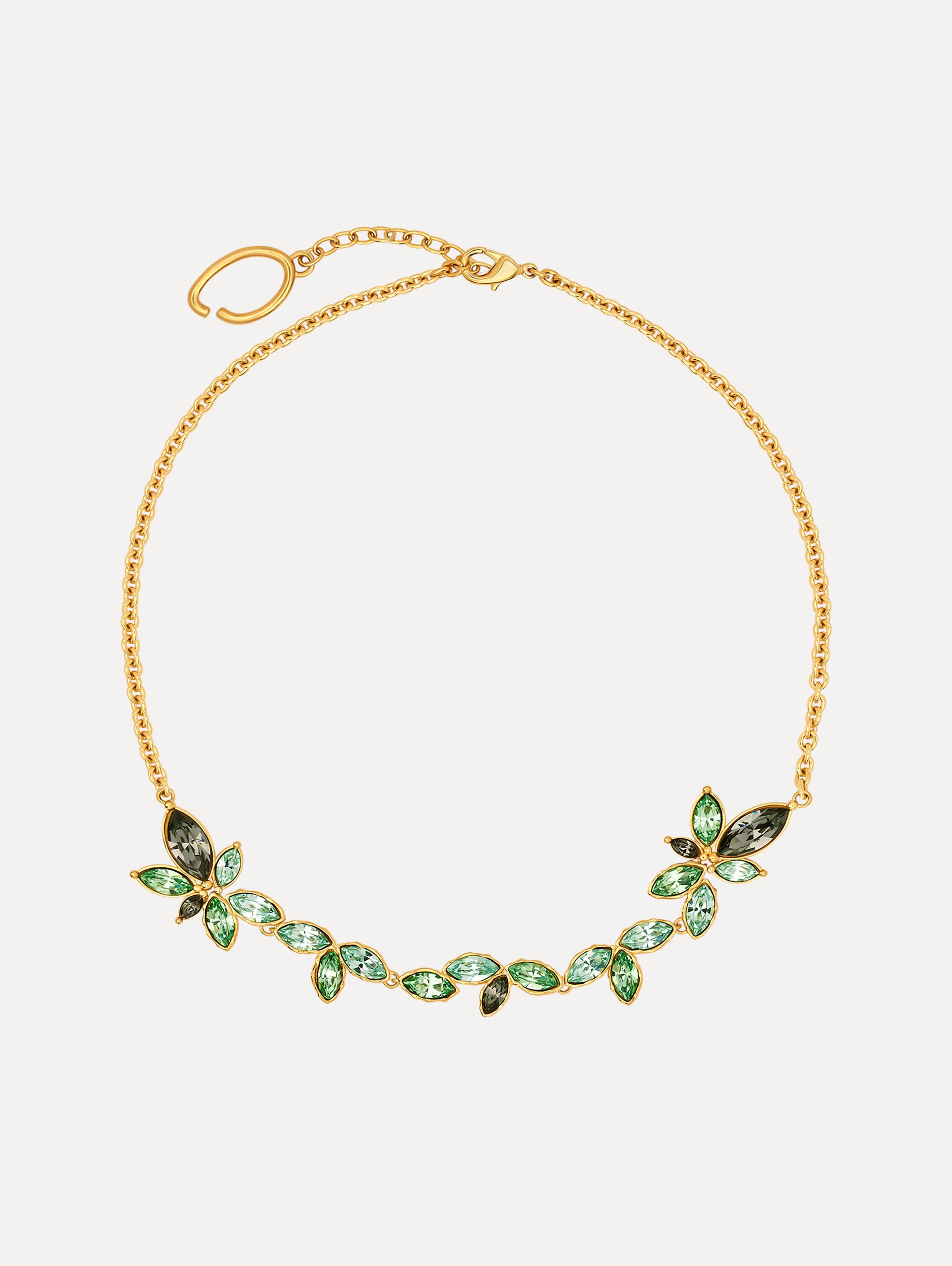The Navette Crystal Necklace in Peridot. Front View. 